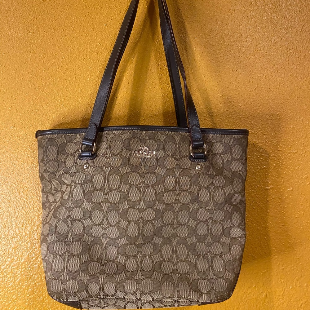 Coach Tan and Brown Signature Tote mild rubbing on the edges